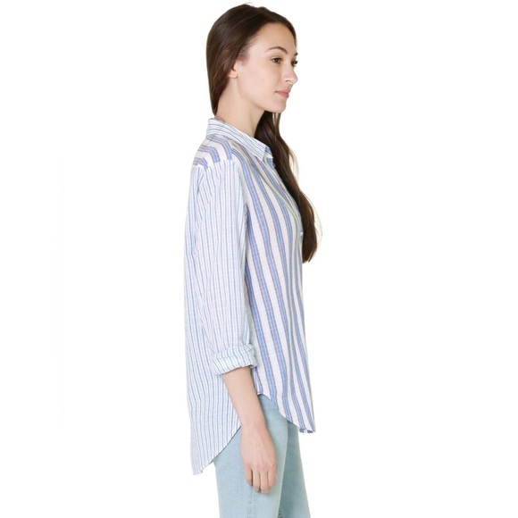 Xirena Beau Boyfriend Button Down Shirt in Tide Blue Stripes Pattern Mixing - Picture 3 of 13